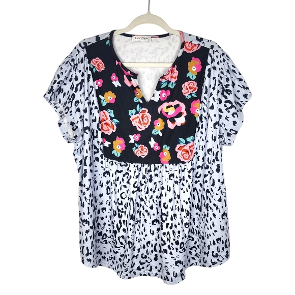 Coeur de Vague Leopard Floral Print Short Sleeve Ruched Multicolor Size 3XL - Picture 1 of 11